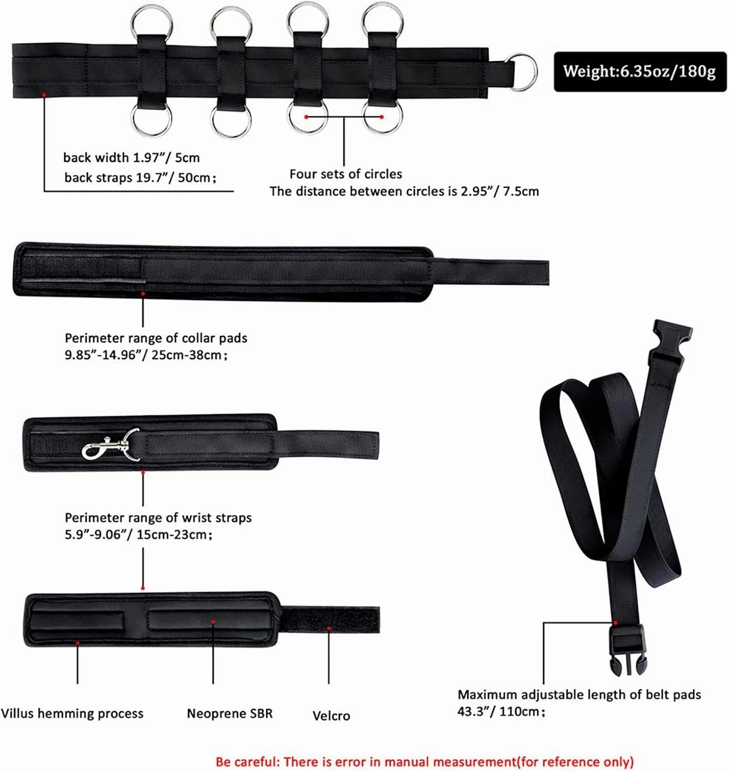 Adjustable SM bondage set with collar and handcuffs for couples