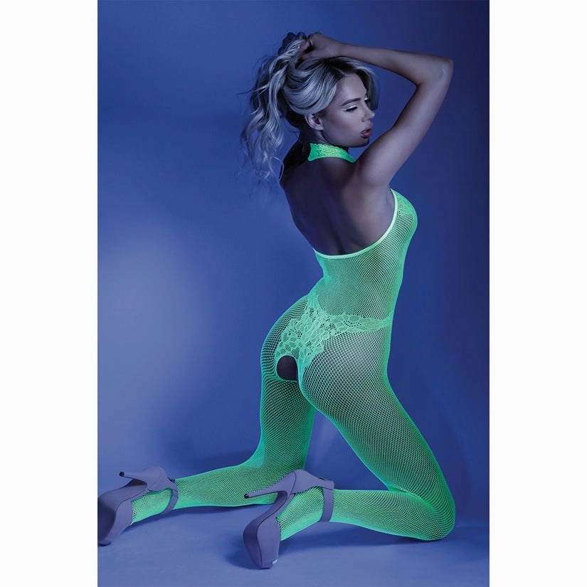 Fantasy Lingerie Glow Moonbeam Crotchless Bodystocking-Neon Green O/S-Boxed