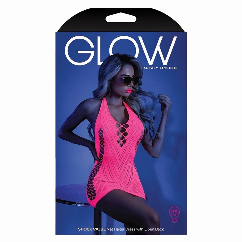 Fantasy Lingerie Glow Shock Value Halter Dress-Neon Pink O/S-Boxed