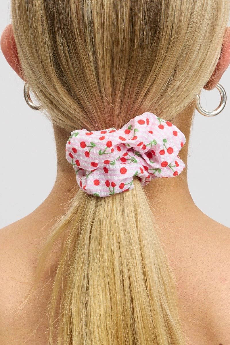 Pink Cherry Print Scrunchie