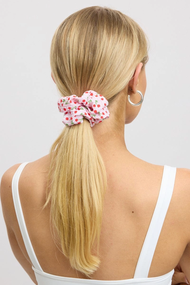 Pink Cherry Print Scrunchie
