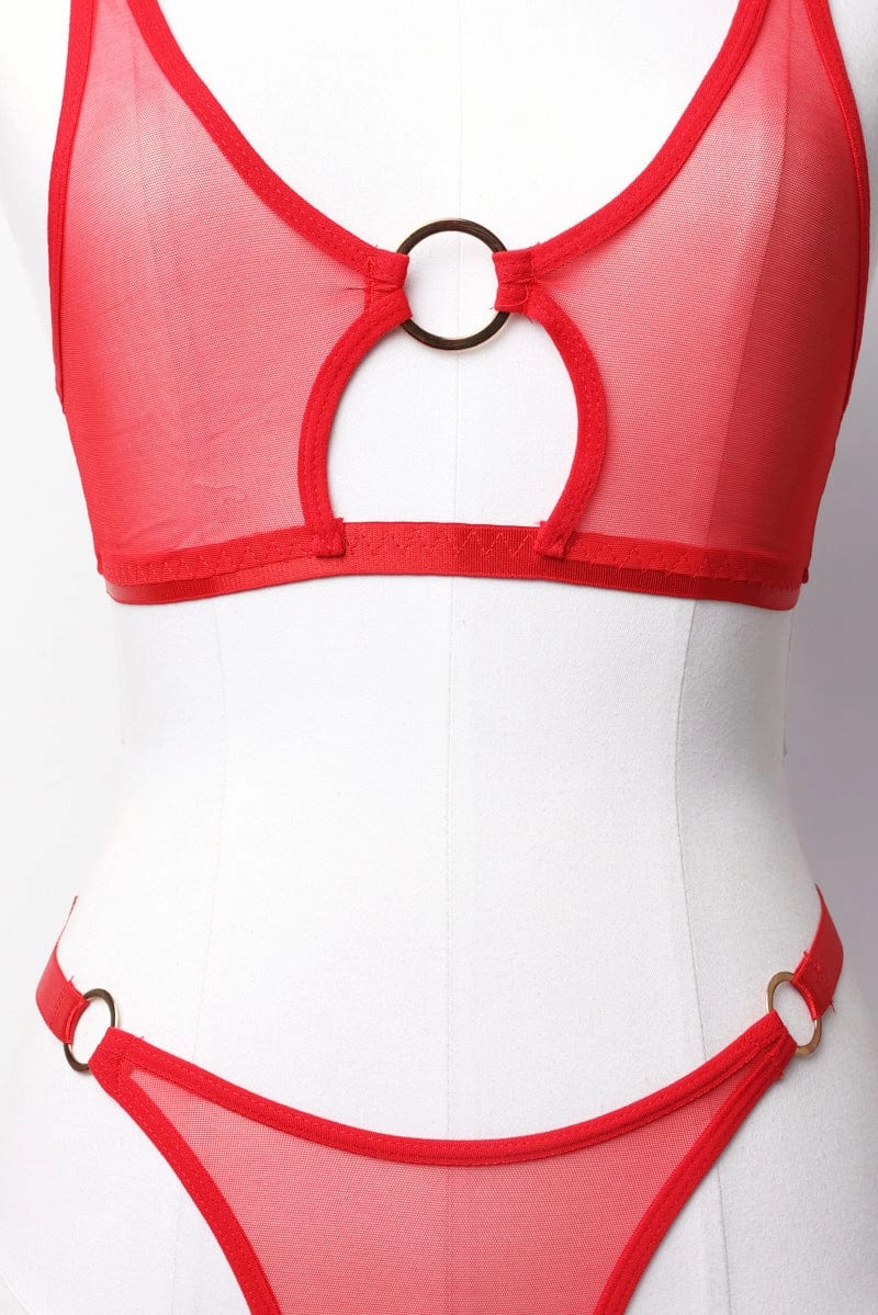 Red Ring Linked Mesh Lingerie Set