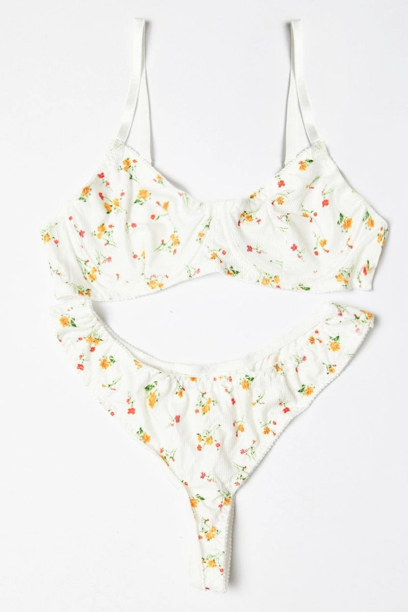 White Floral Floral Print Lingerie Set