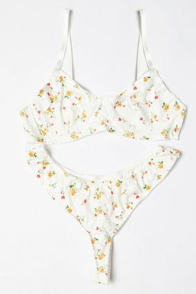 White Floral Floral Print Lingerie Set